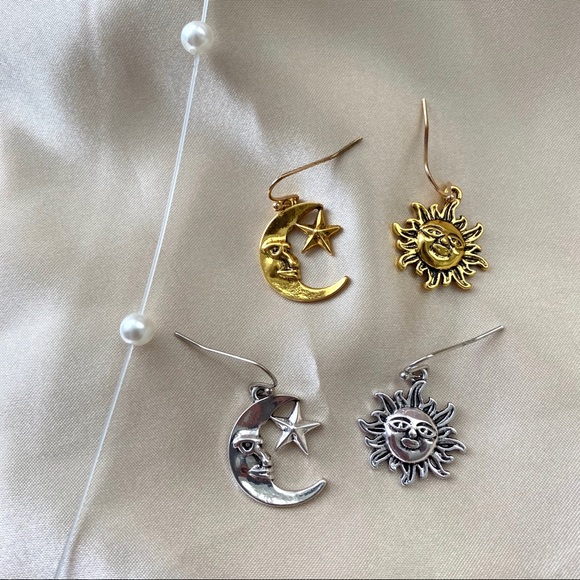 Boho Crescent Sun Face Drop Earrings - Picture 5 of 10